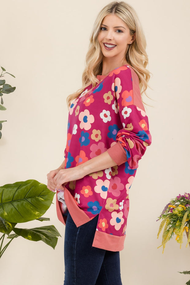 Celeste Full Size Side Slit Flower Print Long Sleeve Top