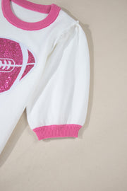 Pink Sequin Rugby Color Block Puff Short Sleeve Sweater