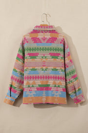 Pink Plus Size Aztec Printed Flap Pocket Shacket