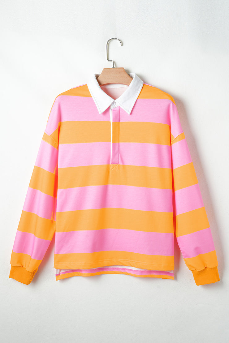 Yellow Stripe Color Block Polo Collar Sweatshirt