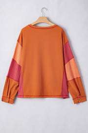 Orange Textured Knit Color Block Patchwork Chest Pocket Plus Size Top