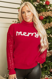 Racing Red Merry Graphic Sequin Sleeve Turtleneck Sweater