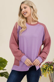 Celeste Full Size High-Low Contrast Round Neck Sweatshirt