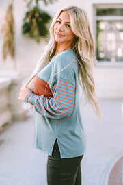 Green Colorblock Striped Bishop Sleeve Top