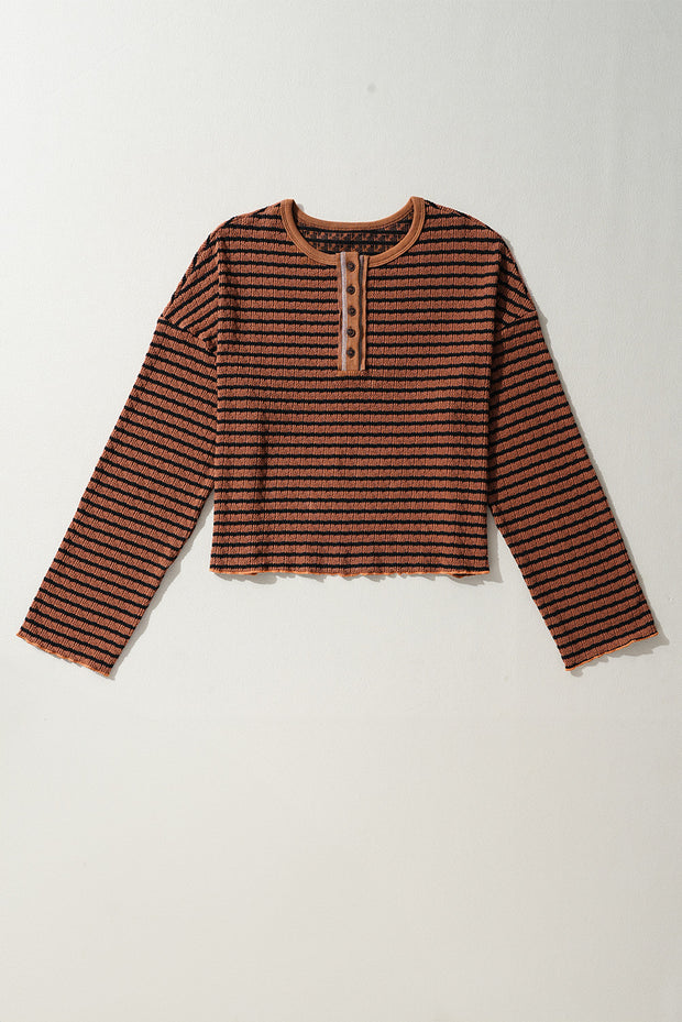 Brown Stripe Textured Frilly Trim Buttons Henley Long Sleeve Top