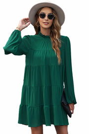 Green Puff Sleeve Mock Neck Back Knot Tiered Dress