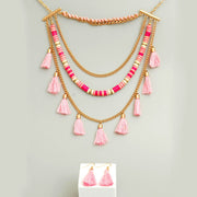 Pink Yarn Tassel Necklace Set