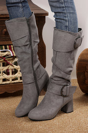 Navy Blue Suede Double Buckled Side Zipper Mid-calf Boots