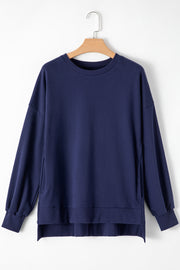 Navy Blue Solid O Neck High Low Hem Pullover Sweatshirt