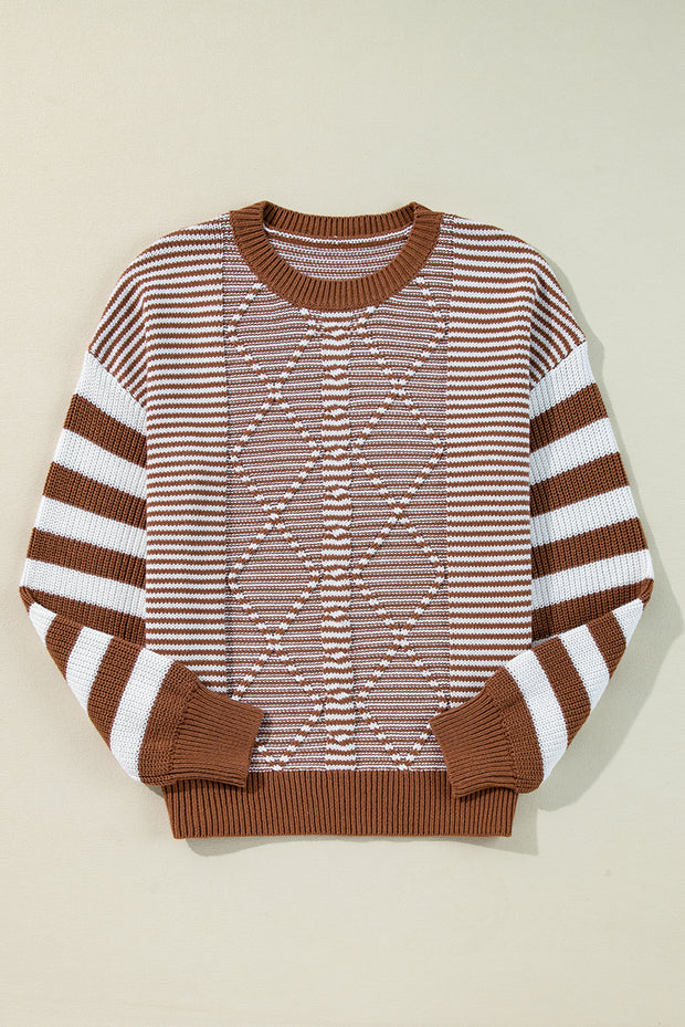 Brown Stripe Geometric Textured Drop Shoulder Sweater