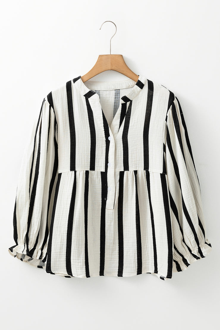 Black Stripe Crinckled Ruffled Sleeve Button up Loose Shirt