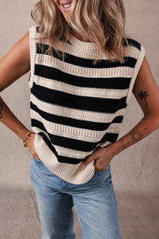 Black Stripe Ribbed Trim Knitted Sweater Vest