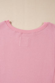 Pink Waffle Knit Bishop Sleeve Split Oversized Sweatshirt