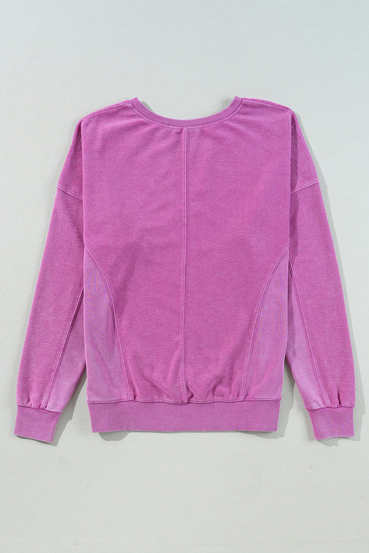 Bright Pink Solid Color Notched Neck Drop Shoulder Sweatshirt