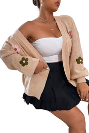 Smoke Gray Floral Applique Drop Shoulder Bubble Sleeve Cardigan