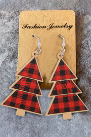 Red Plaid Christmas Tree Wooden Pendant Earrings