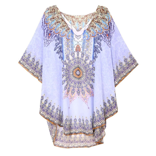 Blue Boho Print Poncho Top