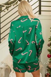 Green Christmas Candy Cane Print Shirt and Shorts Pajama Set