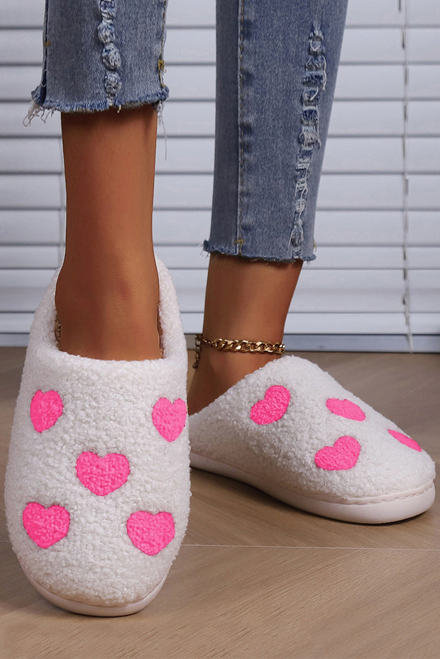 Pink Heart Pattern Fuzzy Winter Slippers