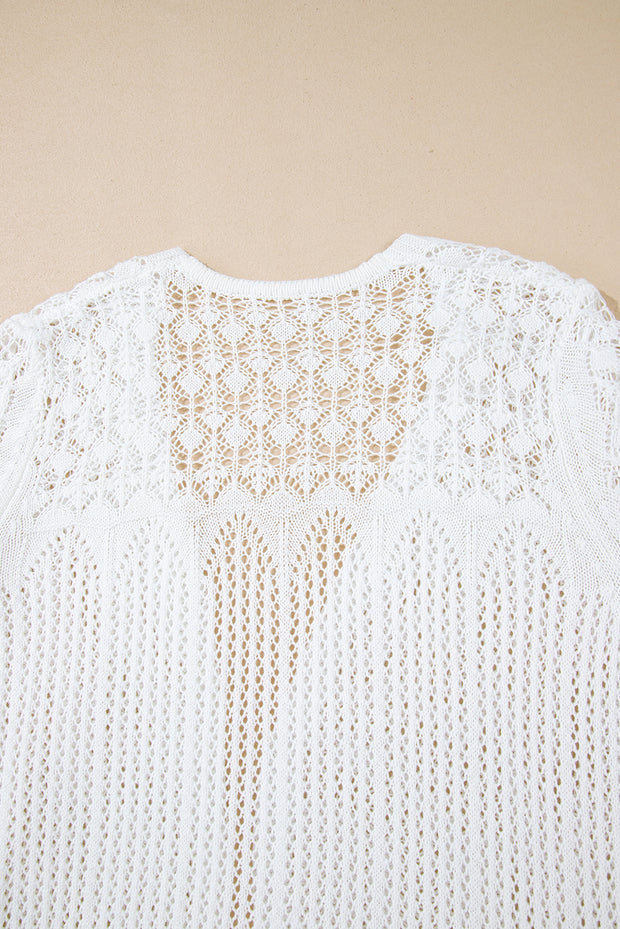 White Crochet Hollow Out Open Front Cardigan