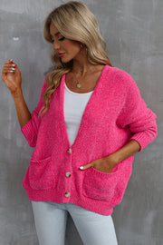 Rose Buttons Front Pocketed Sweater Cardigan