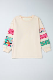 Beige Plus Size Printed Patchwork Sleeve Split Sweatshirt