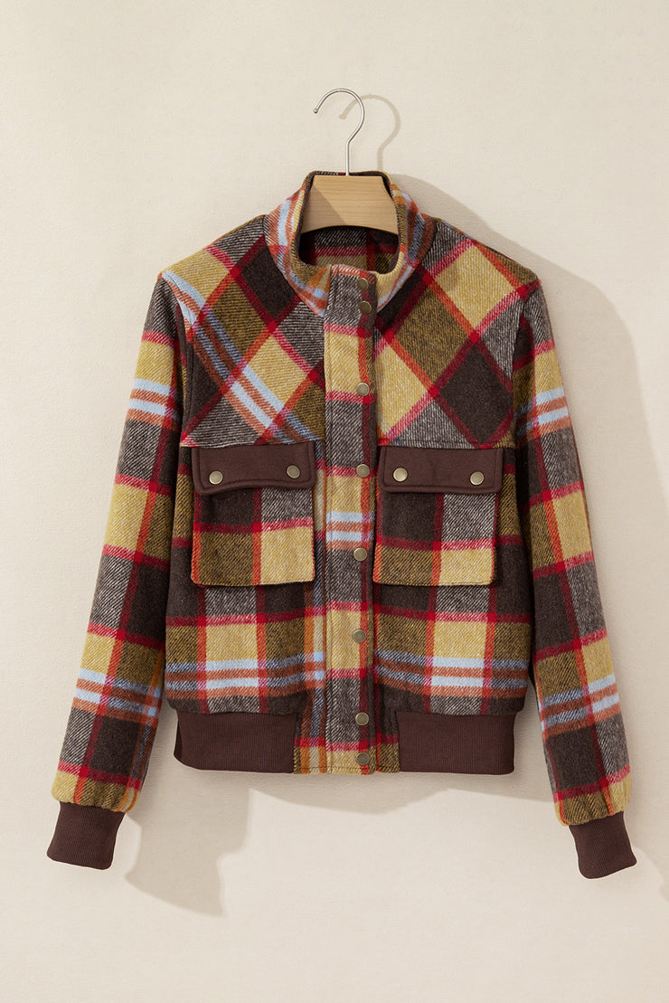 Brown Plaid Print Chest Pockets Button Zipper Stand Neck Jacket