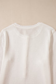 White Solid Color Waffle Half Button Long Sleeve Top