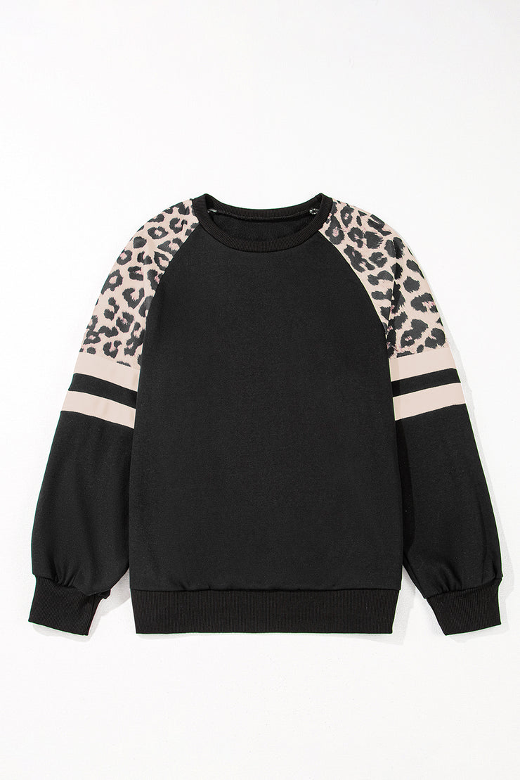 Black Leopard Print Colorblock Raglan Sleeve Sweatshirt