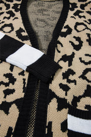 Black Stripe Sleeve Leopard Print Open Front Cardigan With Pockets