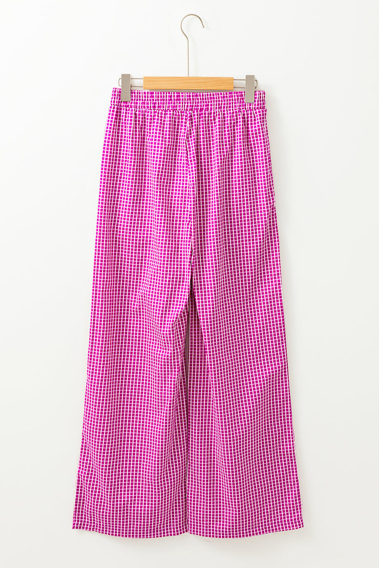 Pink Plaid Print Drawstring High Waist Wide Leg Casual Pants