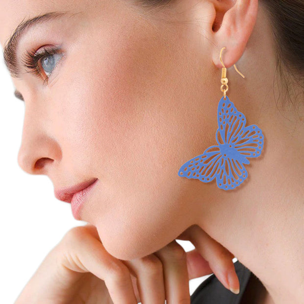 Blue Metal Butterfly Fish Hook Earrings