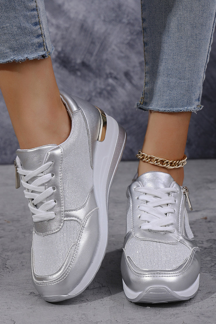 Gold PU Leather Patchwork Zipper Lace-up Sneakers