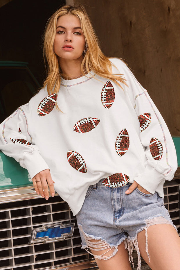 White Sequin Rugby Football Pattern Exposed Seam Game Day Sweatshirt