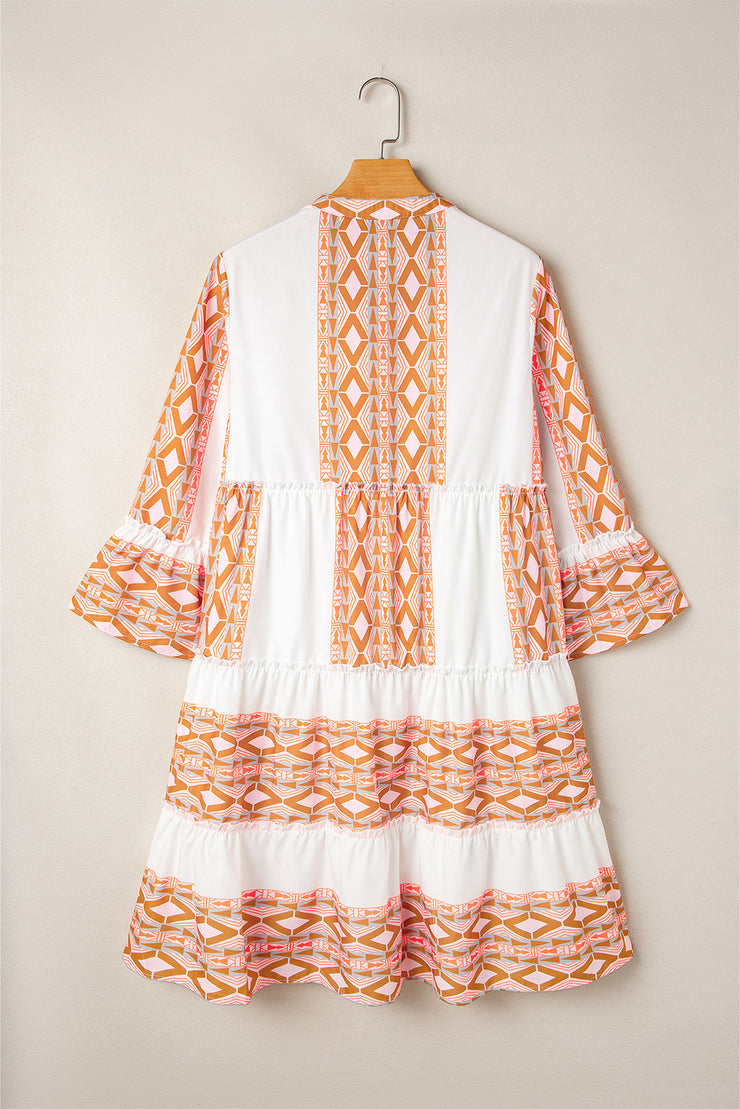 Orange Geometric Print Ruffle Tiered Button V Neck Dress