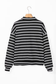 Black Stripe Textured Quarter Zip Collar Long Sleeve Top