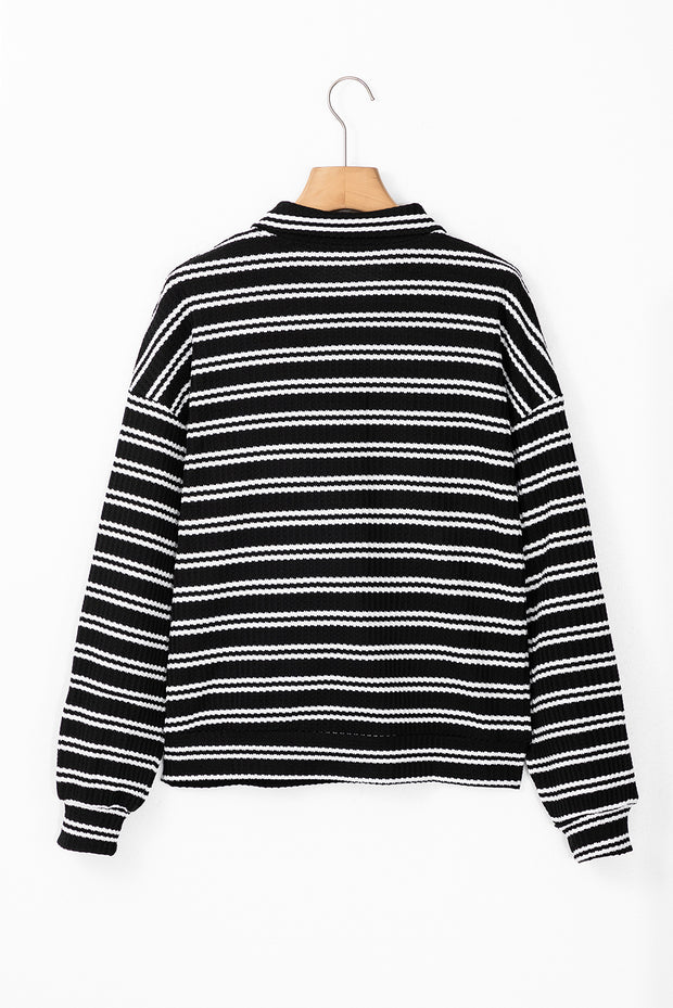 Black Stripe Textured Quarter Zip Collar Long Sleeve Top