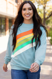 Beau Blue Rainbow Colorblock Striped Pullover Sweatshirt