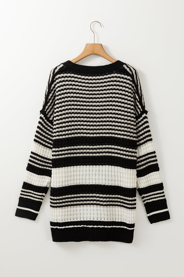 Black Colorblock Textured Knit Buttoned Cardigan