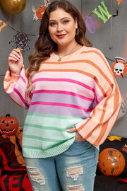 Pink Stripe Color Block Balloon Sleeve Crewneck Plus Size Sweater