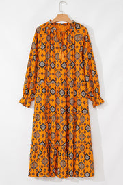 Orange Western Geometric Print Tiered Frilled Loose Fit Midi Dress