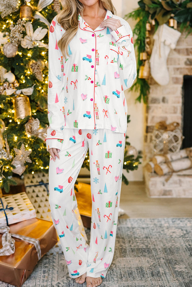 White Christmas Print Lapel Shirt and Pants Sleepwear