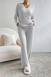 Light Grey Ribbed Knit V Neck Slouchy Two-piece Outfit