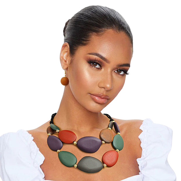 Multi Color Wood Layered Cord Necklace