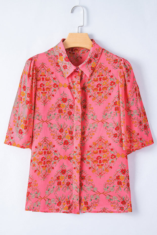 Rose Red Floral Print Wide Short Sleeve Loose Shirt