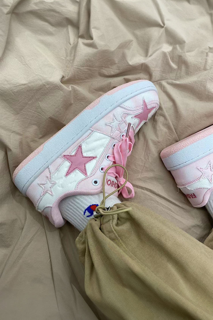 Pink Star Patch Color Block Lace-up Flat Sneakers