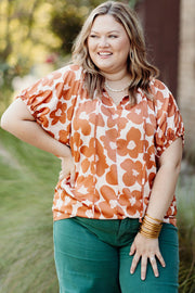 Orange Plus Size Floral Print Drawstring V Neck Short Sleeve Blouse