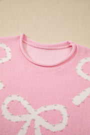 Pink Pearl Beaded Bowknot Pattern Distressed Split Hem Sweater