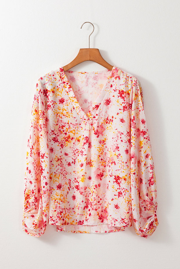 Pink Ditsy Floral Bubble Sleeve V Neck Blouse