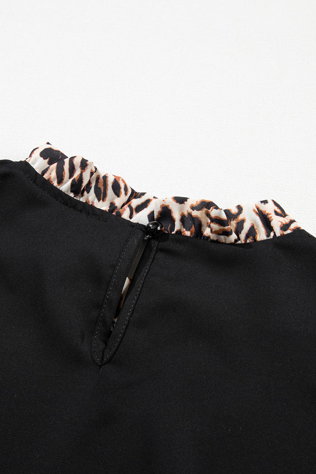 Black Contrast Leopard Print Lantern Sleeve Blouse